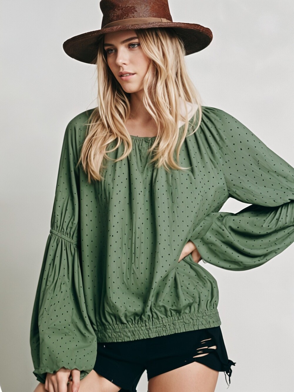 NWT Ruff Hewn Olive Green Western Bell Sleeve Top